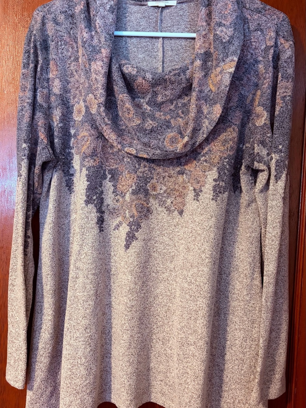 Cowl Neck Floral-Print Women's Sweater - Taupe & Gray, L
